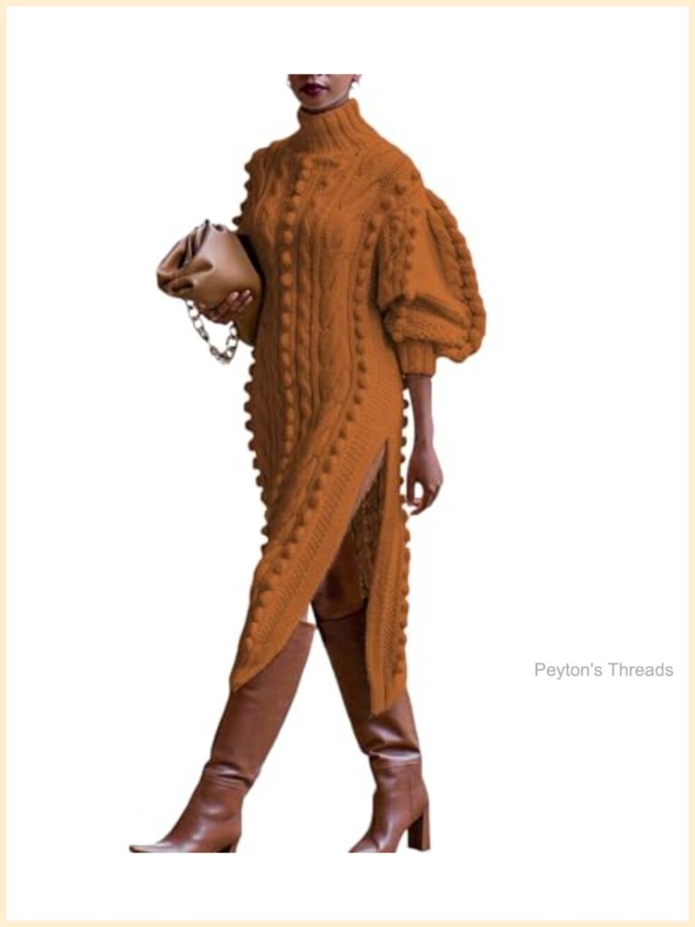 Women's Textured Knit Sweater Maxi Dress Puff Sleeve High Neck Slit Hem
